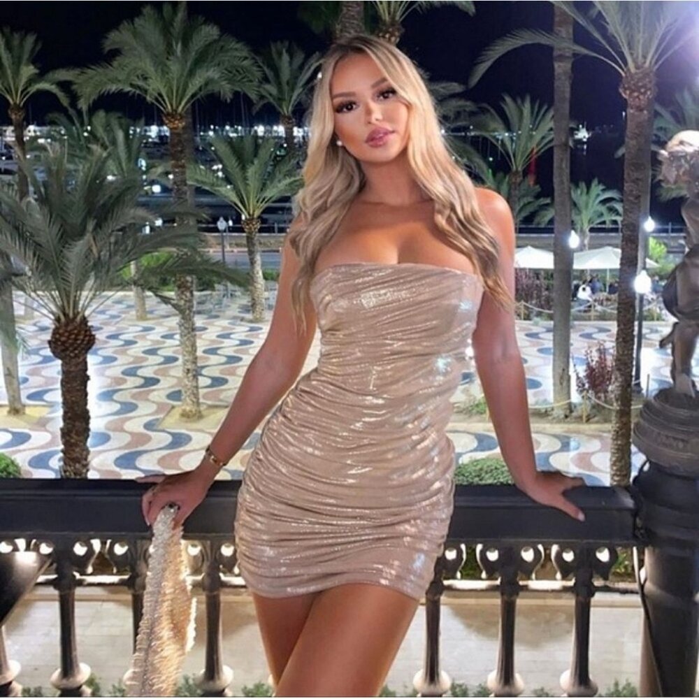 NWT Zara Gold Strapless Ruched Mini Dress • Y2K Baddie Party Club Glam Coquette - Picture 2 of 16